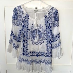 Cato Blue and White Peasant Top